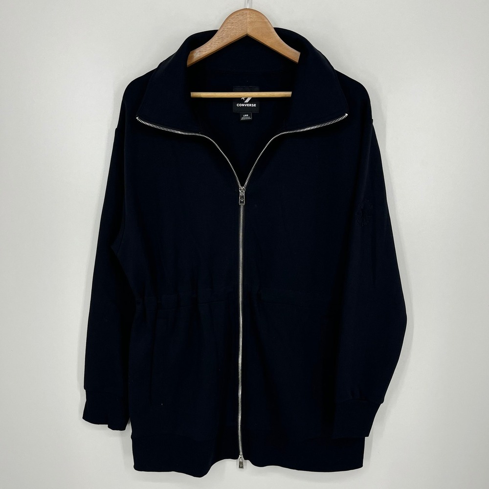 Converse Womens Black Full Zip Cinched Waist Jacket Size L Solid